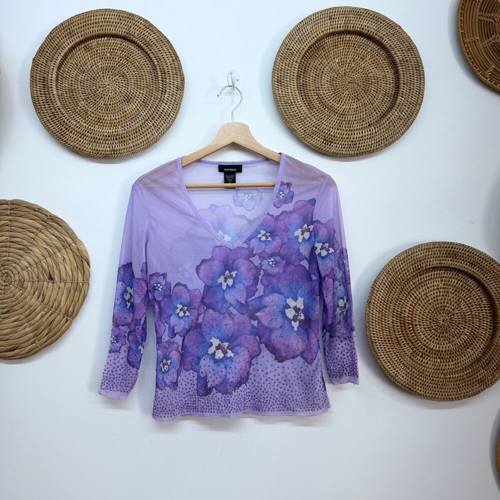 Vintage Y2K 2000s Express Sheer Rhinestone Floral Top Medium